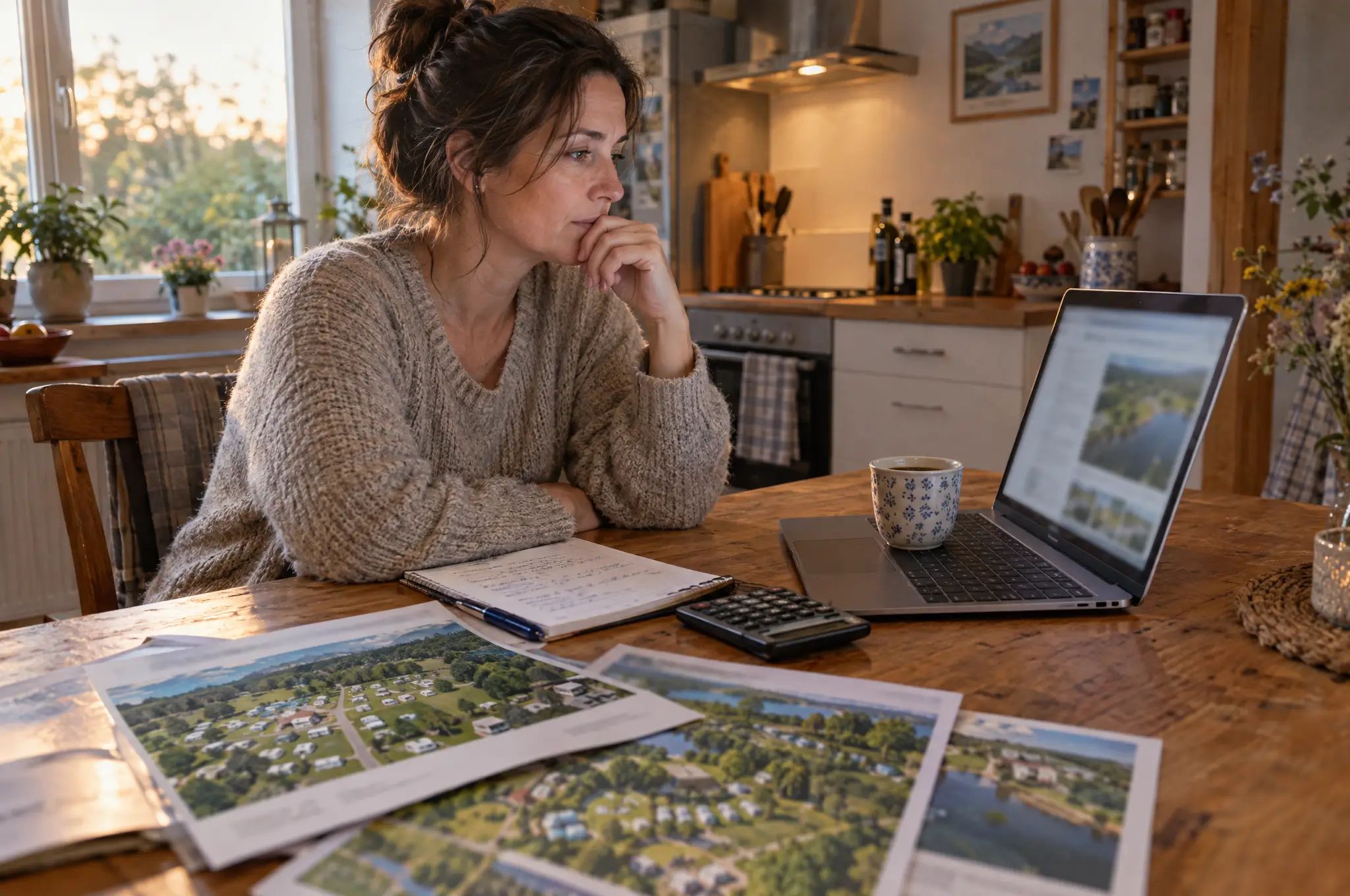 Frau sitzt abends am Küchentisch mit Laptop, ausgedruckten Exposés mit Luftbildern von Campingplätzen, Notizblock und Taschenrechner