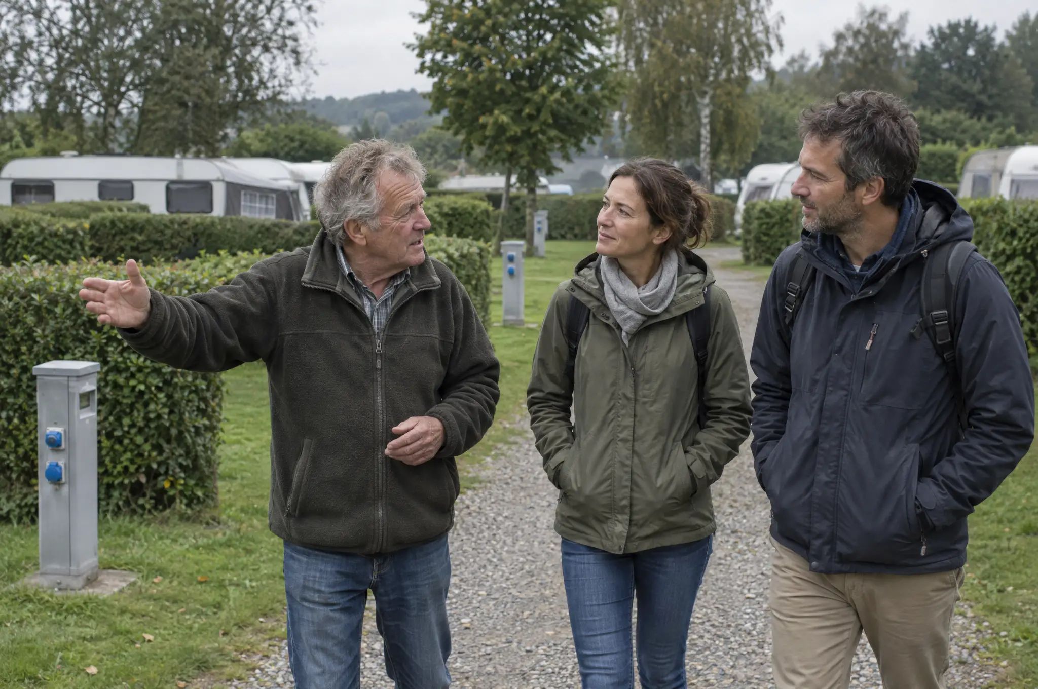 Älterer Inhaber zeigt einem Paar mit Rucksäcken einen Kiesweg zwischen Heckenparzellen mit Stromsäulen, im Hintergrund Wohnwagen