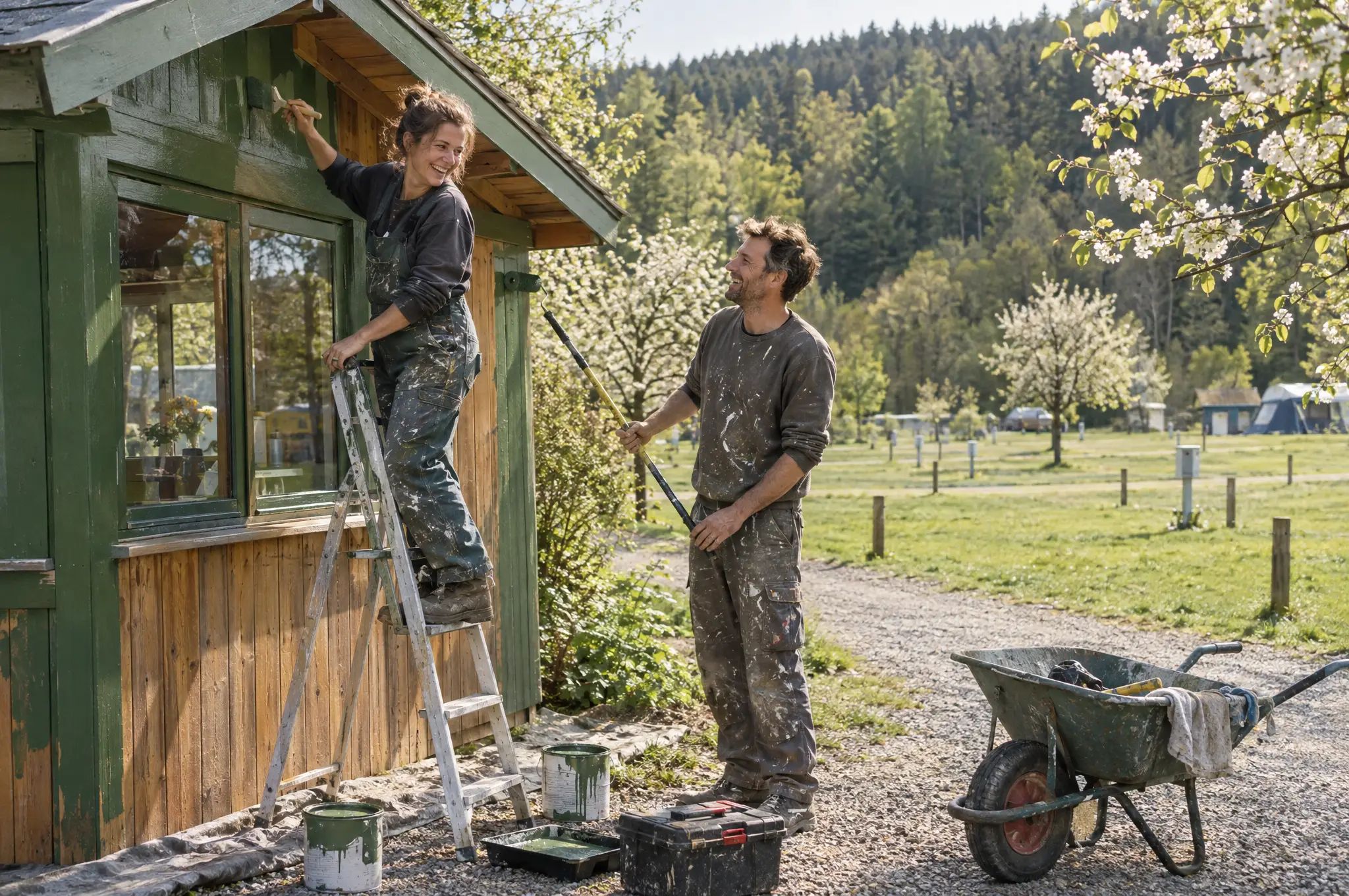 Frau auf einer Leiter und Mann mit Farbroller streichen im Frühling ein grünes Rezeptionshäuschen aus Holz, dahinter leere Stellplätze mit Stromsäulen