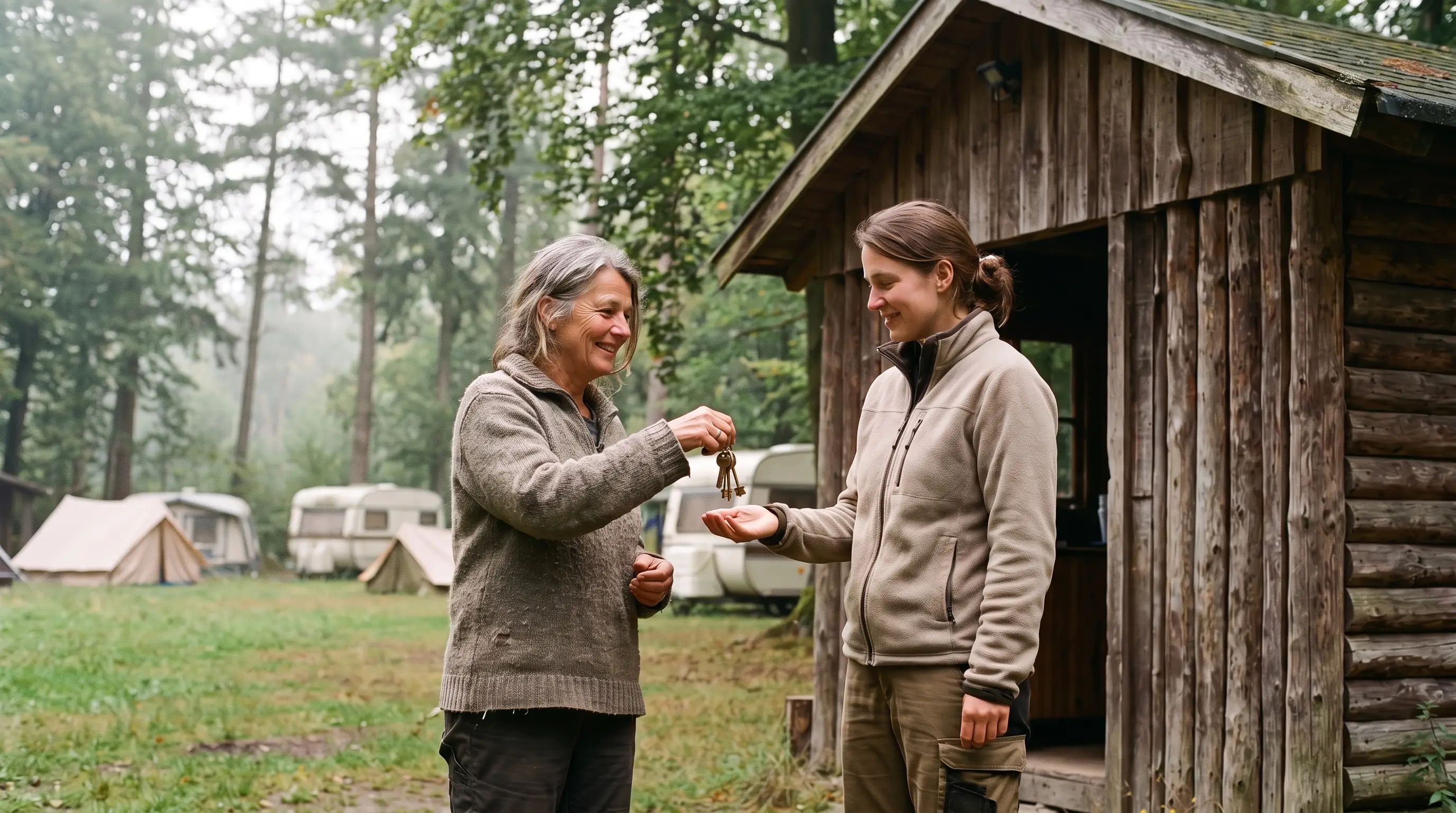 Eine Inhaberin übergibt einer jüngeren Frau vor der Rezeption eines Campingplatzes die Schlüssel.