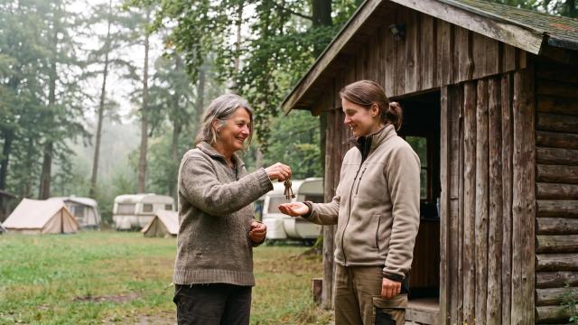 Eine Inhaberin übergibt einer jüngeren Frau vor der Rezeption eines Campingplatzes die Schlüssel.