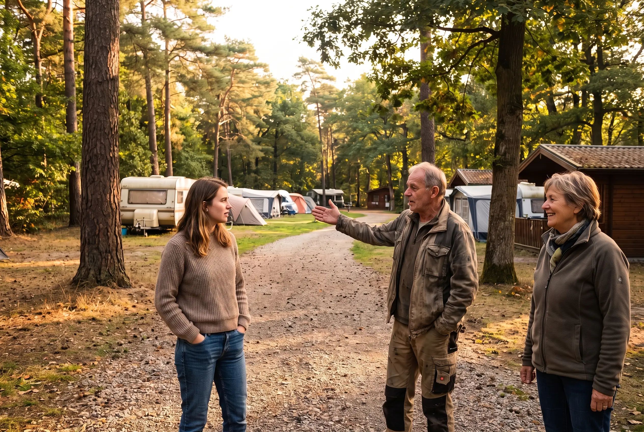Ein Inhaberpaar zeigt seiner erwachsenen Tochter den Campingplatz.