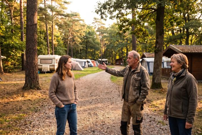 Ein Inhaberpaar zeigt seiner erwachsenen Tochter den Campingplatz.