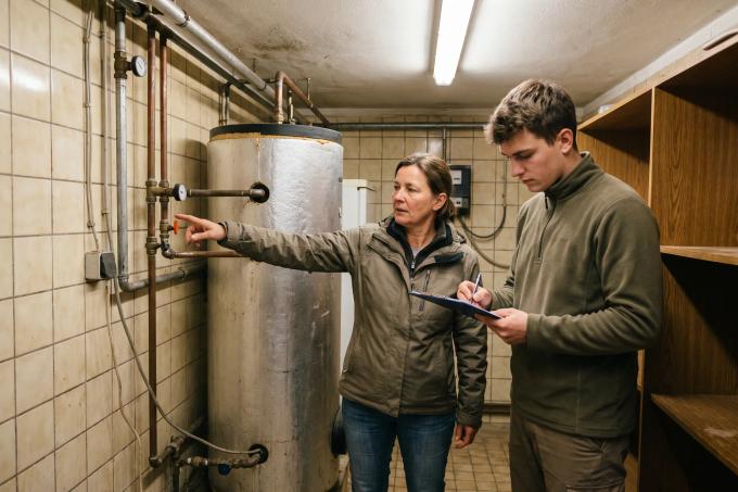 Eine Frau zeigt im Technikraum eines Sanitärgebäudes auf den Warmwasserspeicher, ein junger Mann schreibt mit.