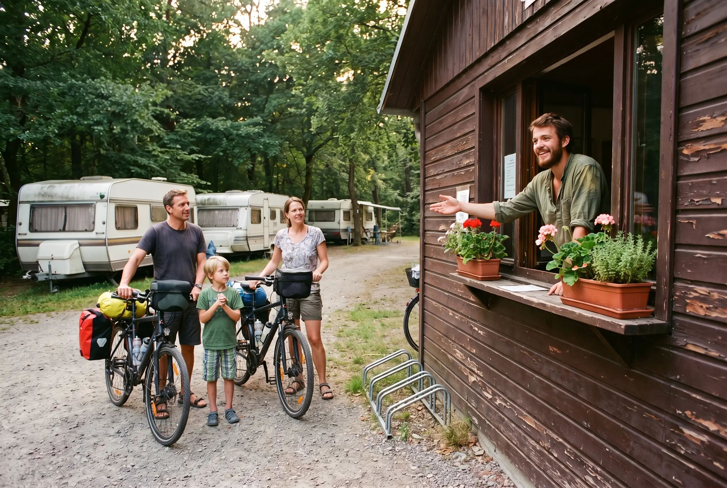Ein junger Mitarbeiter begrüßt am Rezeptionsfenster eine Familie mit Fahrrädern.