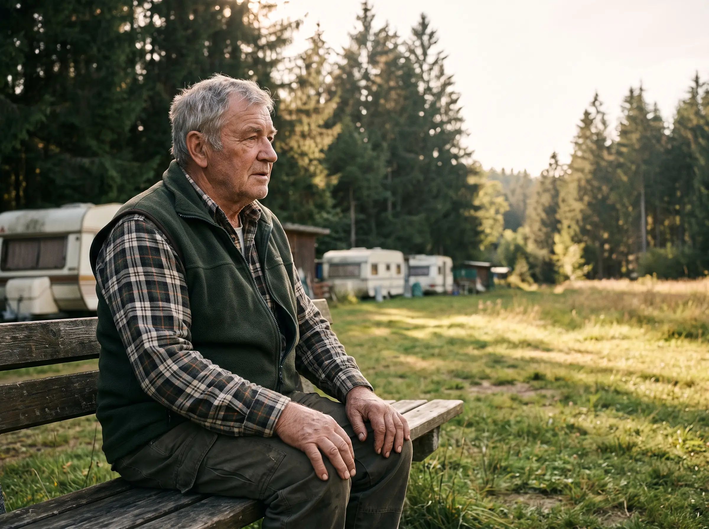 Ein älterer Inhaber sitzt auf einer Holzbank am Rand seines Campingplatzes.