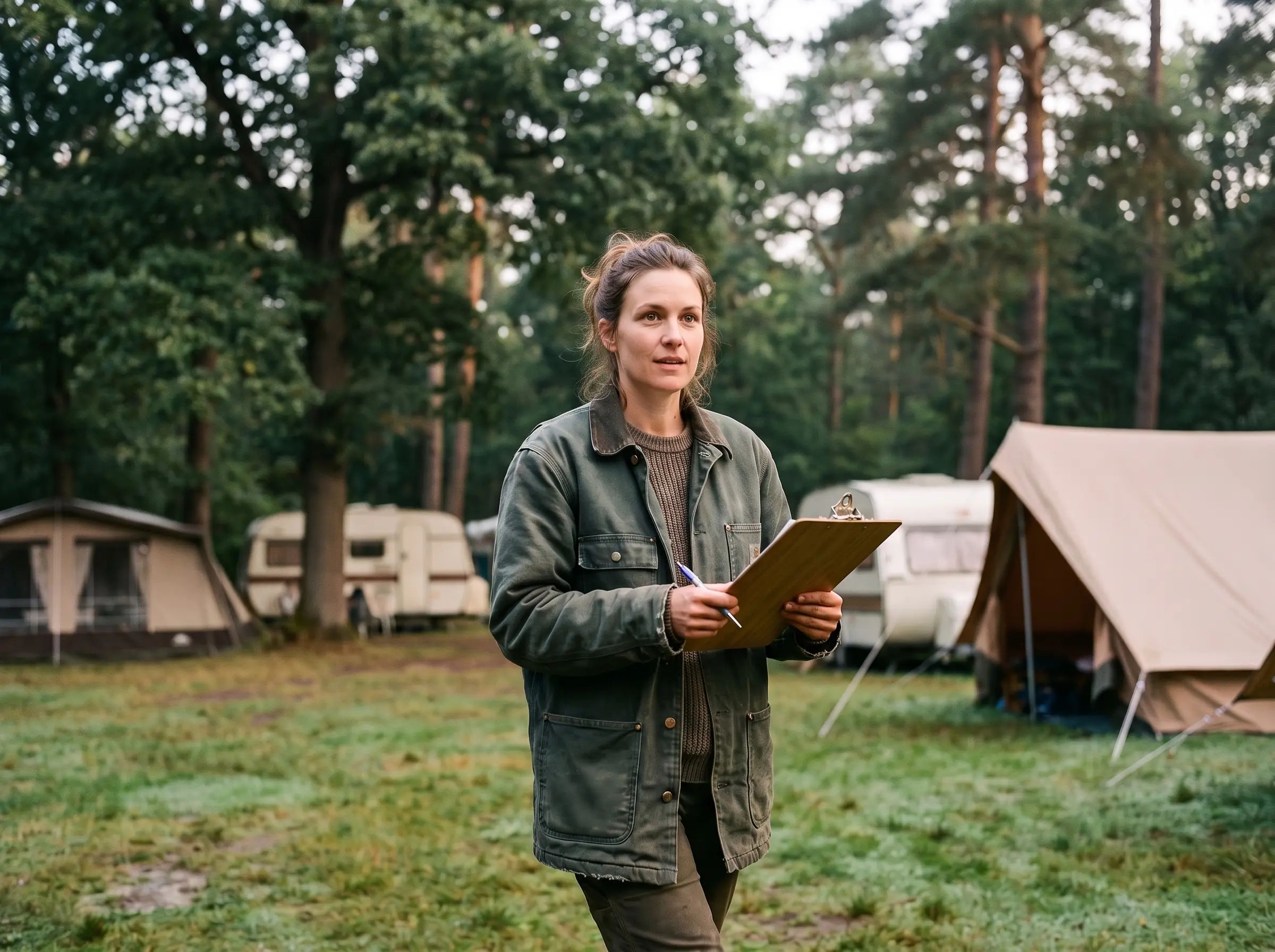 Eine junge Frau mit Klemmbrett geht morgens über einen Campingplatz.
